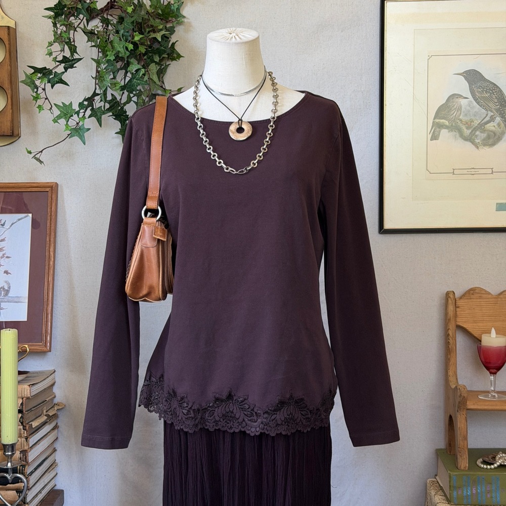 Brown Lace Trim Long Sleeve Top Cottagecore L Girly Grunge Romantic Earthy
